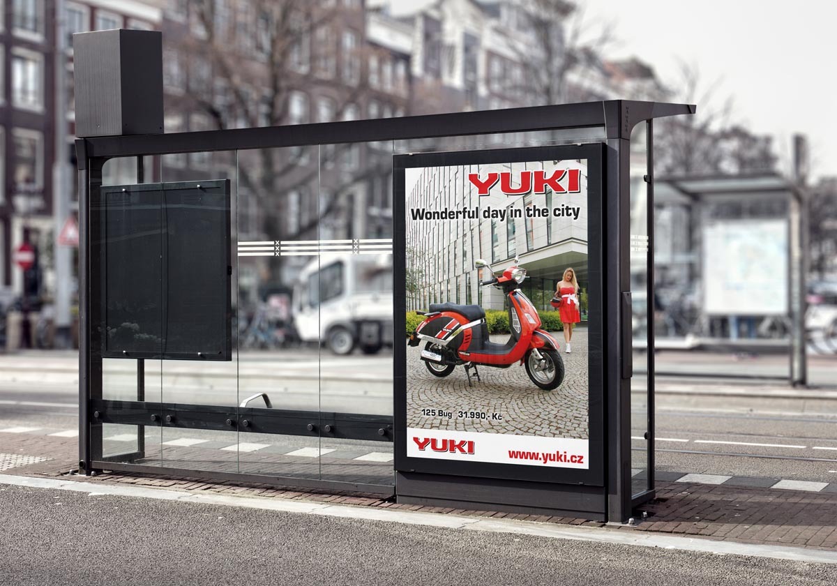 Grafický design reklamy - skútry Yuki do města