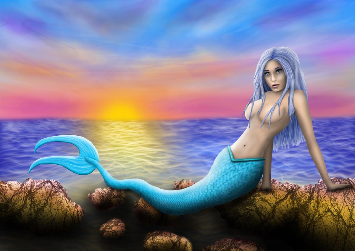 Digitální ilustrace - Mořská panna na útesu
